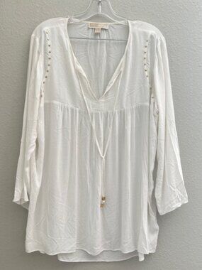 Michael Kors Chiffon Blouse White Tassle Flutter Top Pullover Keyhole Studs L